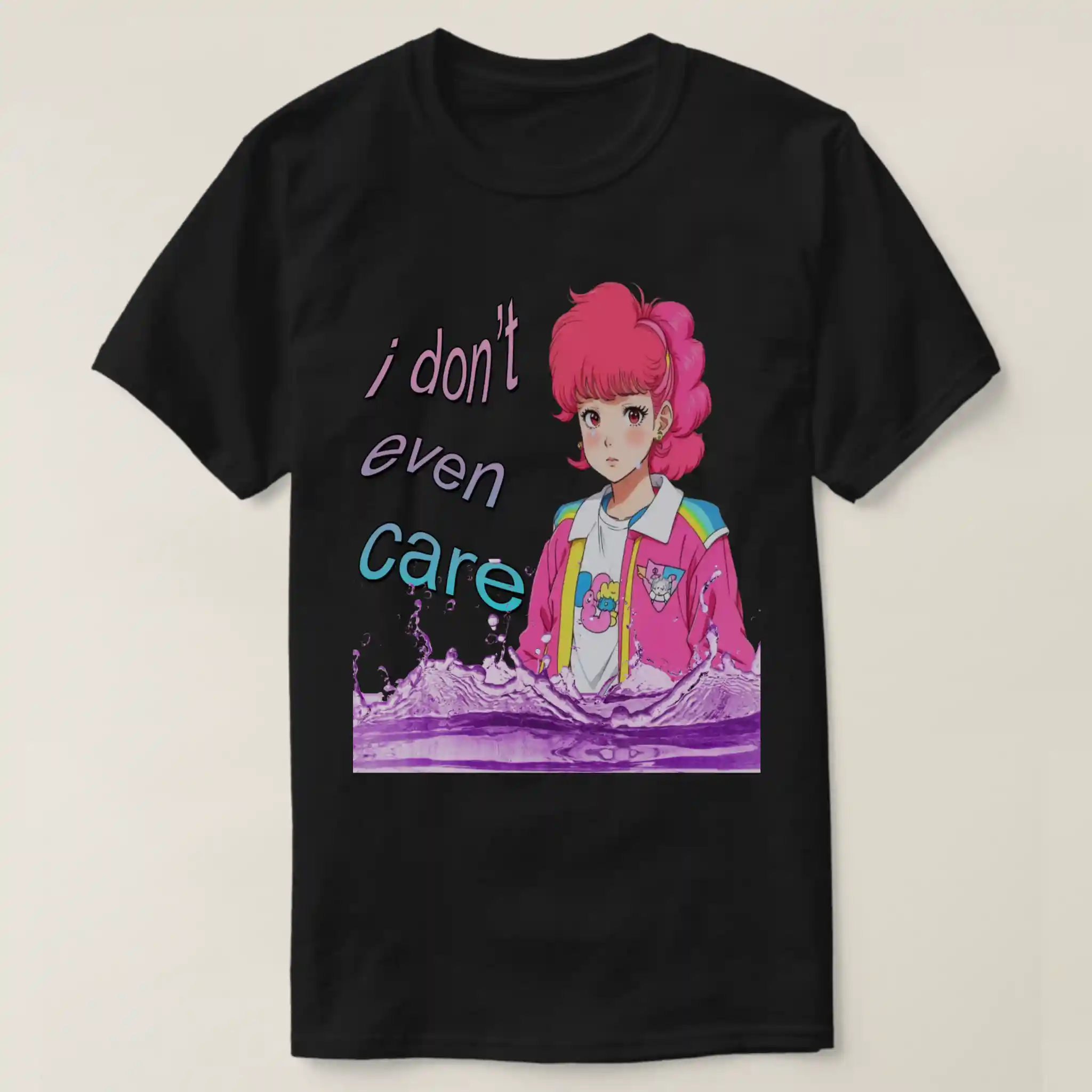 A basic dark t-shirt unisex (both men and women) in black color, feasting a graphic design which describe: A sad anime girl with side ponytail cerise hairstyle and wearing an eighties hot pink color jacket in hot pink color, standing in above of purple water, exuding vintage vaporwave retro anime aesthetic. Featuring a warp-fish pattern with the title "I don't even care" written in classic fonts letters and filled by gradient pink and blue light colors.