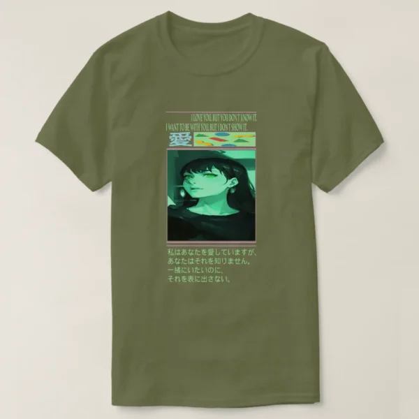 A front unisex Basic Dark T-Shirt Fatigue Green color, print on it graphic: A pink line with a phrase written in it underneath “I LOVE YOU, BUT YOU DON’T KNOW IT, I WANT TO BE WITH YOU, BUT I DON’T SHOW IT”. With Japanese symbol and colorful retro geometric pattern of shapes on green surface. At center of the Image of a girl with black hair and captivating green eyes, with a grunge vaporwave aesthetic theme. And anther pink line with Japanese text.