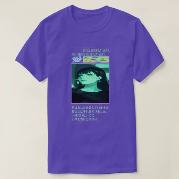 A front unisex Basic Dark T-Shirt Purple color, print on it graphic: A pink line with a phrase written in it underneath “I LOVE YOU, BUT YOU DON’T KNOW IT, I WANT TO BE WITH YOU, BUT I DON’T SHOW IT”. With Japanese symbol and colorful retro geometric pattern of shapes on green surface. At center of the Image of a girl with black hair and captivating green eyes, with a grunge vaporwave aesthetic theme. And anther pink line with Japanese text.