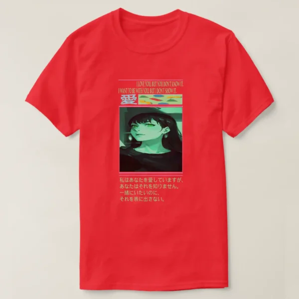 A front unisex Basic Dark T-Shirt Red color, print on it graphic: A pink line with a phrase written in it underneath “I LOVE YOU, BUT YOU DON’T KNOW IT, I WANT TO BE WITH YOU, BUT I DON’T SHOW IT”. With Japanese symbol and colorful retro geometric pattern of shapes on green surface. At center of the Image of a girl with black hair and captivating green eyes, with a grunge vaporwave aesthetic theme. And anther pink line with Japanese text.