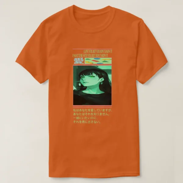 A front unisex Basic Dark T-Shirt Texas Orange color, print on it graphic: A pink line with a phrase written in it underneath “I LOVE YOU, BUT YOU DON’T KNOW IT, I WANT TO BE WITH YOU, BUT I DON’T SHOW IT”. With Japanese symbol and colorful retro geometric pattern of shapes on green surface. At center of the Image of a girl with black hair and captivating green eyes, with a grunge vaporwave aesthetic theme. And anther pink line with Japanese text.