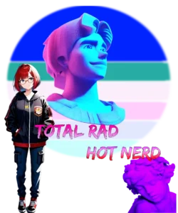 A retrowave sunset 80s, in the middle it a cartoonish vibrant 3D statue. On the left a standing anime girl with glasses and wearing tracksuit jacket, with pink-purple title: “TOTAL RAD HOT NERD”. And last at on right down corner, there a roman vaporwave female struts, fill by purple color.