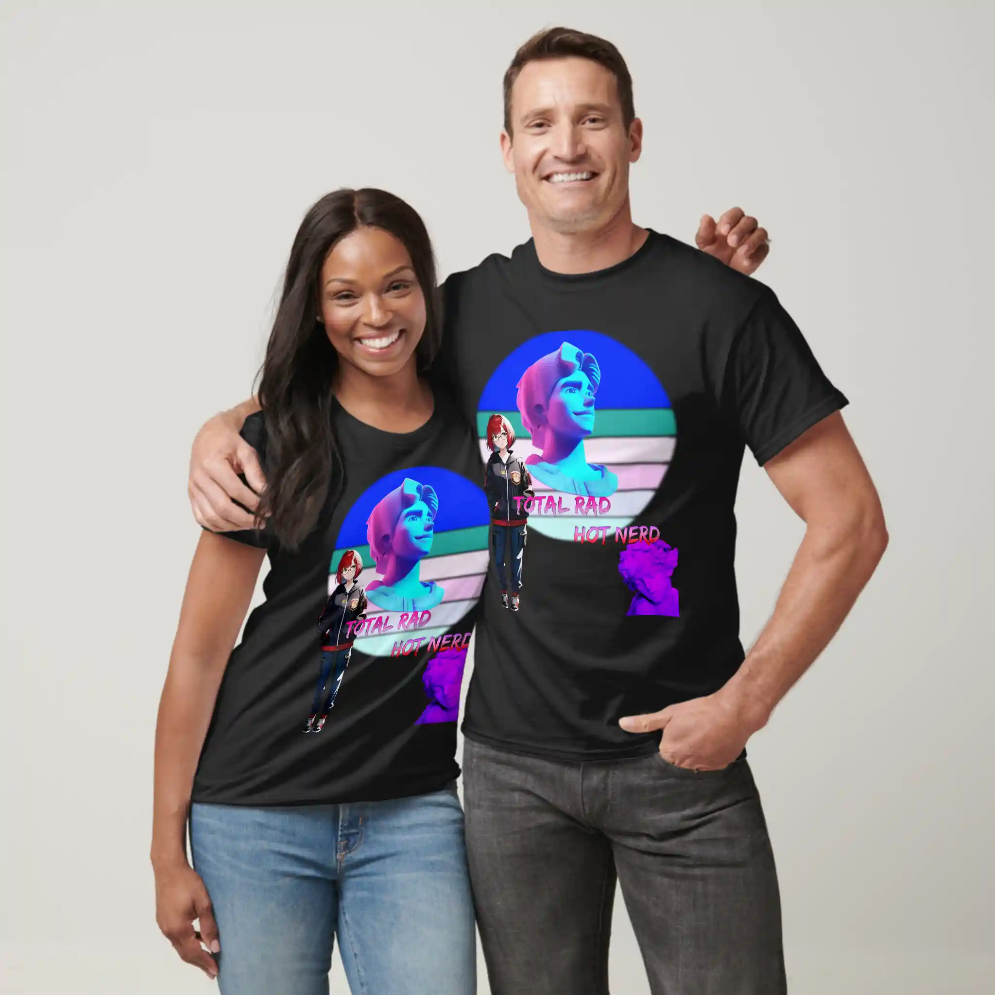 front black woman and white man, holding each other and they’re wearing same unisex Basic Dark T-Shirts, colored by black color, print on them graphic design of: A front man wearing a unisex Basic Dark T-Shirt colored by black color, print on its graphic design of: A retrowave sunset 80s, in the middle it a cartoonish vibrant 3D statue. On the left a standing anime girl with glasses and wearing tracksuit jacket, with pink-purple title: “TOTAL RAD HOT NERD”. And last at on right down corner, there a roman vaporwave female struts, fill by purple color.