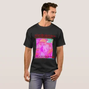 A front side man wearing basic dark t-shirt. With black color, showcased fronted graphic design which describe: A pattern of red and blue lines arranged in parallel on a black grid background, creating a dynamic visual effect. Center it an image vaporwave grunge aesthetic of pink background of posing anime girl with short blonde hair and two cars, along with Windows XP Computer rectangle featuring a skull, heart emoji and text: “GET RIDE WITH ME ‘CAUSE ALL I NEED IS CRUSH”. And last their two titles, in the up “hot nerd girls: they turn my CPU into a love-struck processor.”, the title in the bottom of the image: “Buckle up and enjoy the thrill of a lifetime with me.”.