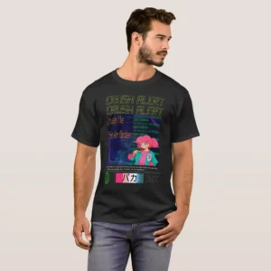 Man wearing a unisex Basic Dark T-Shirt with black color, print on its graphic design of the graphic contains more than one long, a complex description. First, the image contains an energetic upper title featuring the phrase "CRUSH ALRAT CRUSH ALRAT" in bold, colorful retro 80s digital fonts, emphasizing a sense of excitement and anticipation. Underneath its image of an order to "crush me" with a retro wave aesthetic and an 80s anime girl, along with fabric grid. In sequence their long quote written “Crushes are like vitamins-they give you a daily dose of excitement and make you smile, but it’s best not overdose!?”. Continuing on left a green sphere resembling a digital globe set against a stark black background, symbolizing Earth in a modern context. And in the right colorful reacting with the Japanese written in and 198X.