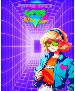 A distorted vertical neon white light grid with a square in the center. themed by Retro 1980s, art style. An anime girl in sunglasses, wearing a blue jacket (with pink heart pitch), and taxes orange t-shirt, styled in vibrant 80s fashion, exuding a cool and confident vibe. On up the top featuring an inverted triangle design, contain three titles showcasing vibrant colors and a nostalgic aesthetic, the first title “RETROWAVE” in skirmisher halftone fonts with gradient purple and blue in colors, “NERD GIRL” the over break fonts glowing by in the lightsaber green color, and last title “TOTAL RAD” in open brush font in the orange color. 