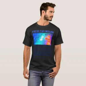 A fronted man wearing basic dark t-shirt unisex (both men and women) in black color, feasting a graphic design which describe: A blue grid image with title “MY FIRST CRUSH IT’S LIKE COMPLAXE BLUEPRINT” and too many details. On left their texts, Blueprints of two cars, two guns, engine, and at the center a faded vaporwave status. Along with on the right a posing anime girl with short hair, wearing the Texas orange jacket. And underneath it long texts