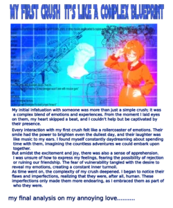 A blue grid image with title “MY FIRST CRUSH IT’S LIKE COMPLAXE BLUEPRINT” and too many details. On left their texts, Blueprints of two cars, two guns, engine, and at the center a faded vaporwave status. Along with on the right a posing anime girl with short hair, wearing the Texas orange jacket. And underneath it long texts