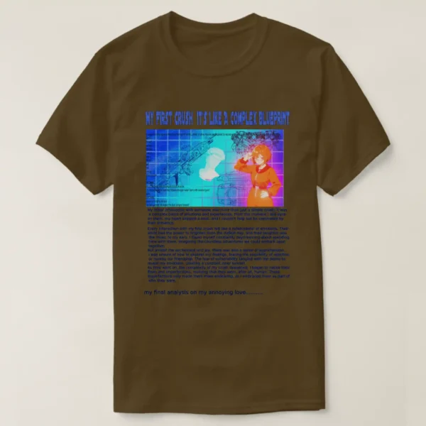 A basic dark t-shirt unisex (both men and women) in Brown color, feasting a graphic design which describe: A blue grid image with title “MY FIRST CRUSH IT’S LIKE COMPLAXE BLUEPRINT” and too many details. On left their texts, Blueprints of two cars, two guns, engine, and at the center a faded vaporwave status. Along with on the right a posing anime girl with short hair, wearing the Texas orange jacket. And underneath it long texts.