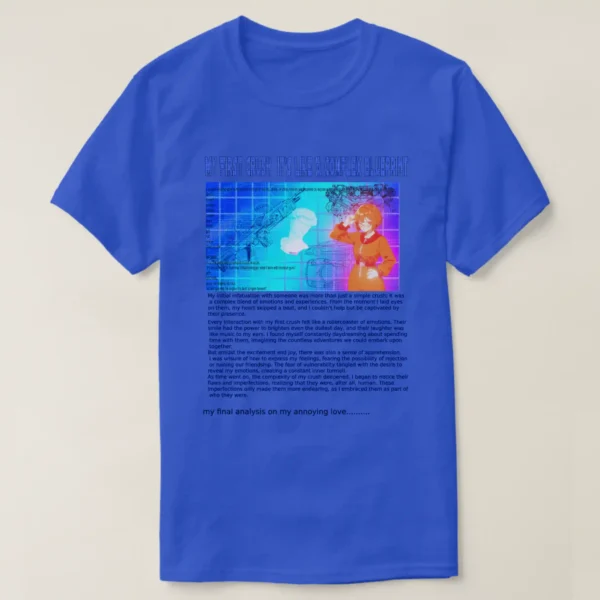 A basic dark t-shirt unisex (both men and women) in Deep Royal color, feasting a graphic design which describe: A blue grid image with title “MY FIRST CRUSH IT’S LIKE COMPLAXE BLUEPRINT” and too many details. On left their texts, Blueprints of two cars, two guns, engine, and at the center a faded vaporwave status. Along with on the right a posing anime girl with short hair, wearing the Texas orange jacket. And underneath it long texts.