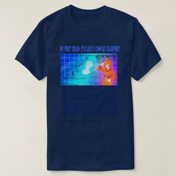 A basic dark t-shirt unisex (both men and women) in Navy Blue color, feasting a graphic design which describe: A blue grid image with title “MY FIRST CRUSH IT’S LIKE COMPLAXE BLUEPRINT” and too many details. On left their texts, Blueprints of two cars, two guns, engine, and at the center a faded vaporwave status. Along with on the right a posing anime girl with short hair, wearing the Texas orange jacket. And underneath it long texts.