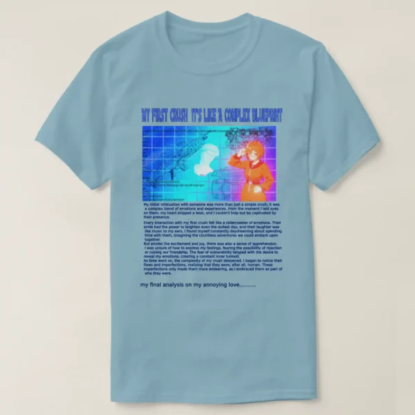 A basic dark t-shirt unisex (both men and women) in Stonewashed Blue color, feasting a graphic design which describe: A blue grid image with title “MY FIRST CRUSH IT’S LIKE COMPLAXE BLUEPRINT” and too many details. On left their texts, Blueprints of two cars, two guns, engine, and at the center a faded vaporwave status. Along with on the right a posing anime girl with short hair, wearing the Texas orange jacket. And underneath it long texts.