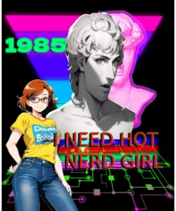 An Inverted triangle with two statues of vaporwave, the first is 3D cartoonish and the second one is glowing neon Bust Roman sculpture Statue, along with 1985, under it a title written “I NEED HOT NERD”. With an abstract circuit board background featuring a monochrome grid with vibrant neon colors, on right a posing anime glasses girl with short hair, wearing yellow shirt and jeans. 